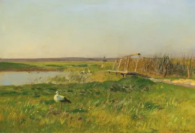 Fruhlingslandschaft Mit Storchen An Einem Weiher