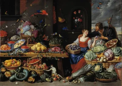 Fruit And Vegetable Market With A Young Fruit Seller