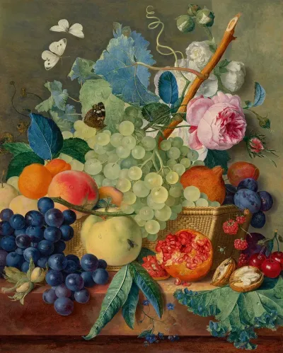 Fruit Roses And Peonies In A Basket With Hazelnuts On A Marble Ledge