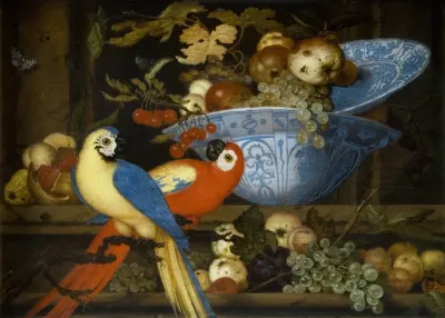 Fruit Still Life With Two Parrots