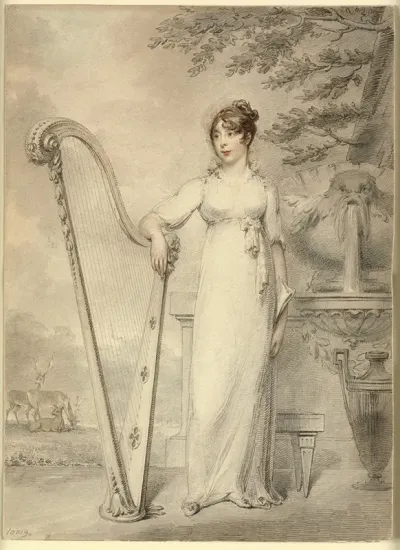 Full Length Portrait Of Miss V Dupuis Resting Her Arm On A Harp In The Background A Fountain And A Landscape With Deer