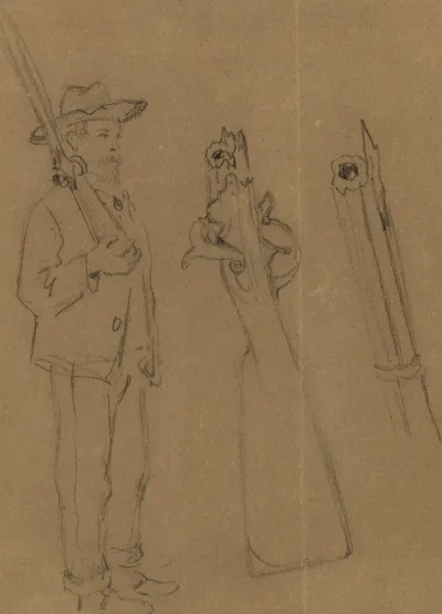 Full Length Portrait Of Soldier With Rifle And Details Of The Weapon