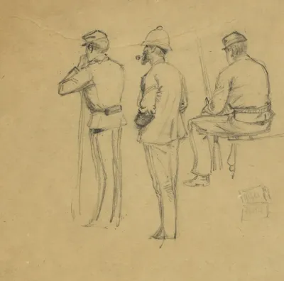 Full Length Rear View Sketches Of Three Soldiers