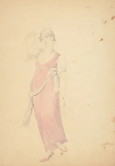 Full Length Unfinished Drawing Of Woman Wearing A Pink Dress And Shoes And Holding Plants As A Muse