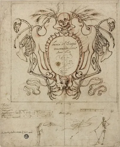 Funereal Cartouche With Inscription And Sketches Of Skeletons And Ornamental Details