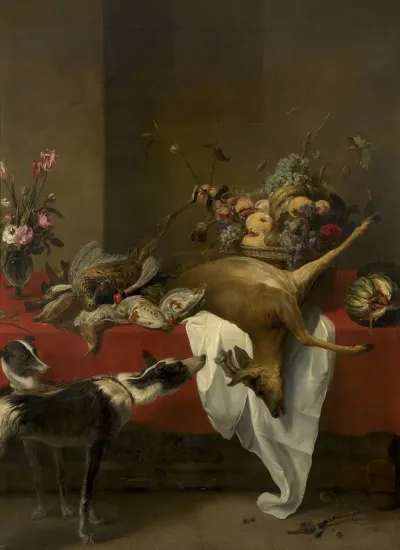 Game Fruit Basket And Vase Of Flowers On A Table