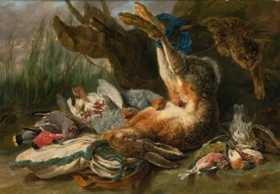 Gamepiece With A Hare And Various Wild Birds A Cat Approaching From The Right