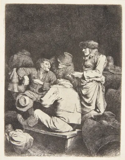 Gammel Kvinde Serverer For Tre Maend I En Krostue