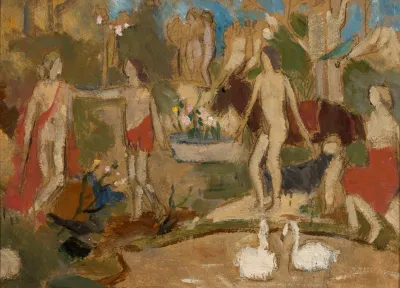 Garden Scene With Figures And Swans