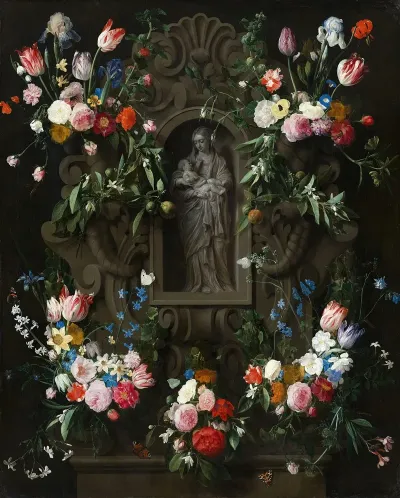 Garland Of Flowers Surrounding A Sculpture Of The Virgin Mary