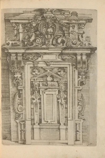 Gate Shaped Wall Decoration With A Bust Of A Woman And A Putto With A Palm Branch