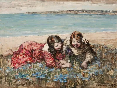 Gathering Flowers By The Seashore