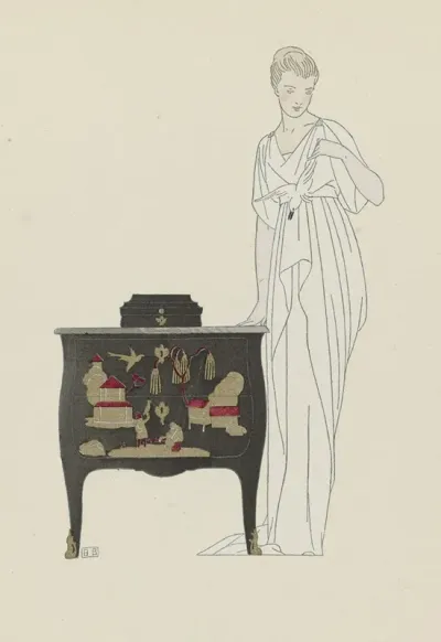 Gazette Du Bon Ton 1914 No 5 Pl 49 La Commode En Laque Robe Du Soir De Worth