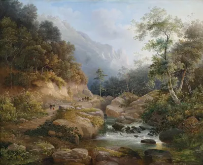 Gebirgige Flusslandschaft Mit Figurenstaffage