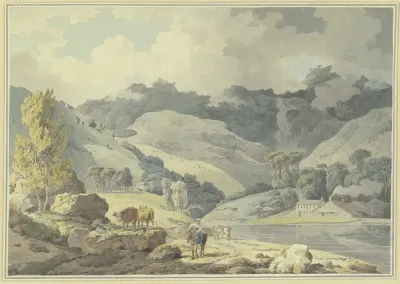 Gebirgslandschaft Auf Dem Weg Ein Madchen Zu Pferde Links Zwei Kuhe