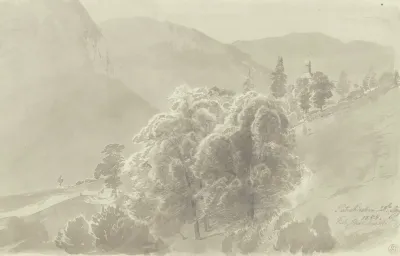 Gebirgslandschaft Im Vordergrund Baumgruppe Aus Der Ein Kirchturm Hervorsieht