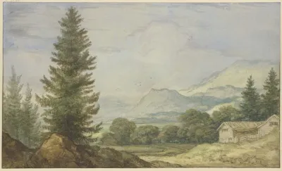 Gebirgslandschaft Links Hohe Tannen Rechts Zwei Hutten