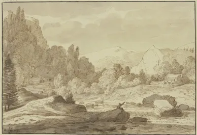 Gebirgslandschaft Mit Einem Waldbach An Welchem Ein Angler Sitzt