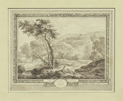 Gebirgslandschaft Mit Einer Ruine Und Zwei Unter Einem Baum Ruhenden Wanderern