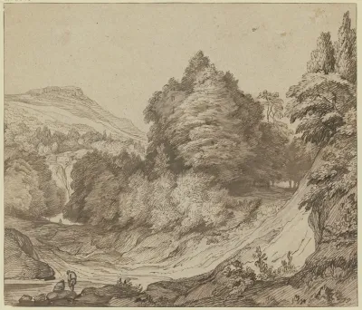 Gebirgslandschaft Mit Wald Links Am Weg Ein Sitzender Und Ein Stehender Mann