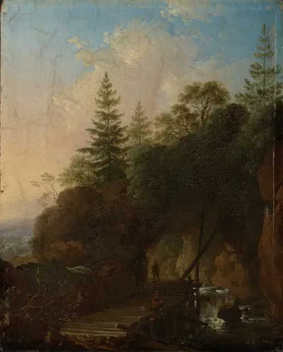 Gebirgslandschaft Mit Wasserfall Und Holzerner Brucke