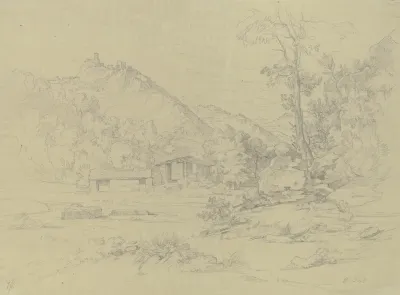 Gebirgspartie Mit Ruinen Auf Den Bergen Vorn Ein Wasser Mit Einigen Hutten