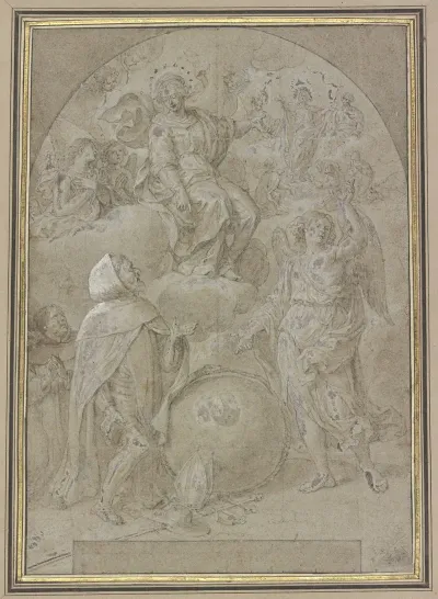 Geharnischter Monch Kniet Vor Einer Weltkugel Ein Engel Deutet Auf Maria Diese Nach Christus