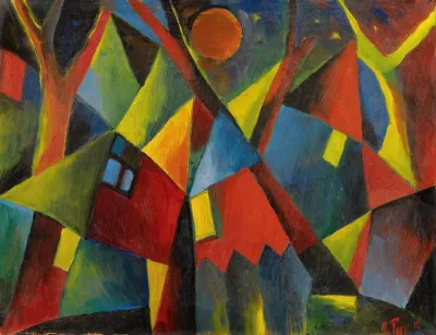 Gelbroter Mond Uber Sturzenden Hausern Yellow Moon Over Tumbling Houses