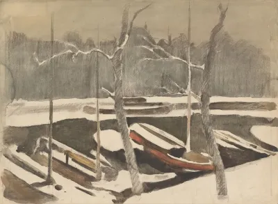 Gemeerde Schuiten Aan Een Besneeuwde Grach
