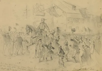 Genl Geo B Mcclellan Passing Through Frederick City Myd At The Head Of The Army Of The Potomac Pursuit Of Genl Lee