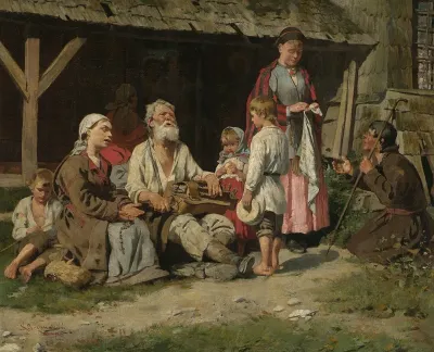 Genre Scene A Hurdy Gurdy Player In Front Of A Cottage