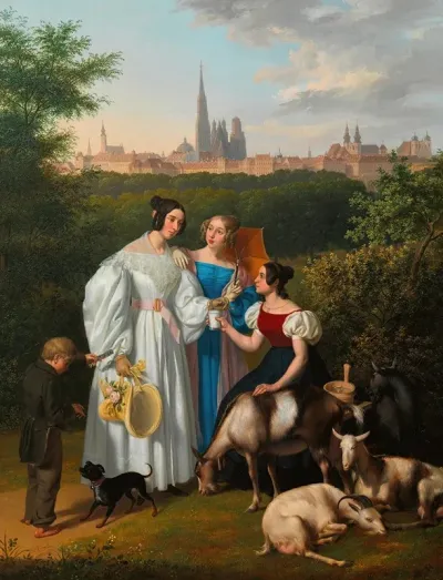 Genreszene Auf Dem Glacis Mit Spaziergangerin Ziegenhirtin Und Lottolosverkaufer Mit Wien Im Hintergrund