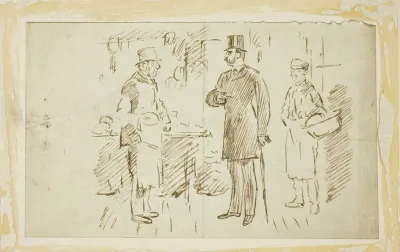 Gent In Tall Hat Addressing Butcher