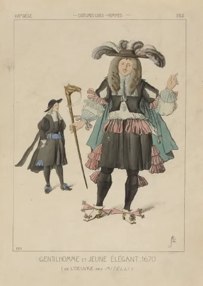Gentilhomme Et Jeune Elegant 1670 De Loeuvre Des Mitelli Xviie Siecle Costumes Civils Hommes Italie