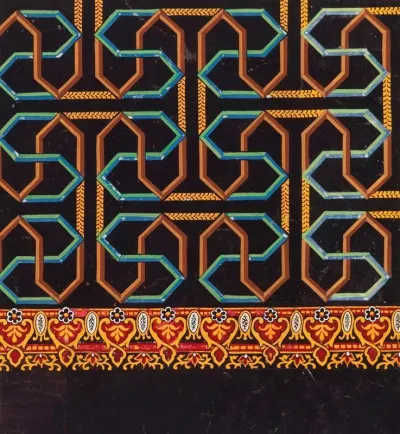 Geometric Maze Like Patterns In Brown Blue Green And Yellow On Black Ground