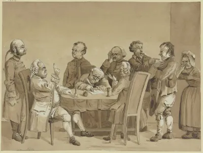 Gerichtsszene Zwei Richter Und Ein Schreiber An Einem Tisch Umgeben Von Sechs Stehenden Personen Den Streitenden Und Einem Gerichtsdiener
