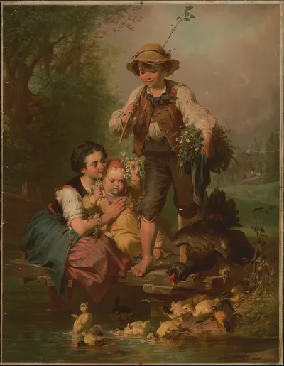 German Boy And Girls With Flowers Watching Ducklings