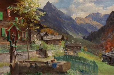 Gerstruben Am Dorfbrunnen Mit Blick Auf Die Hofats Dorfbrunnen Mit Einem Andachtsbild Des Hl Florian