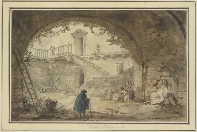 Gewolbe Mit Antikem Brunnen Und Aussicht Auf Eine Treppe
