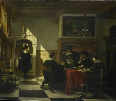 Gezelschap In 17e Eeuwse Dracht Bij Een Tafel Waarop Een Nautilusbeker