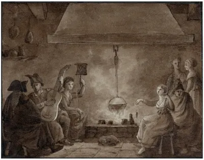 Gezelschap Rond Het Haardvuur Musciserend Spinnend Etc