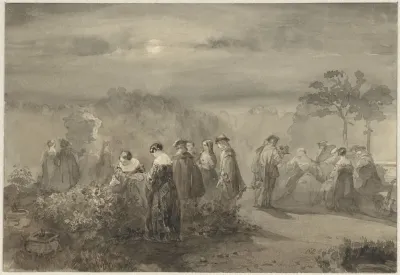 Gezelschap Van Dames En Heren In Een Door De Maan Beschenen Hof Met Rozenstruiken