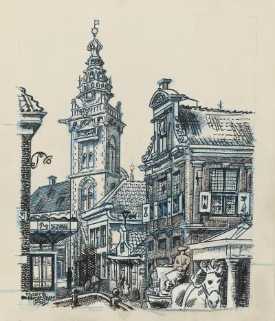 Gezicht Bij De Dam Te Monnickendam Op De Speeltoren En Waaggebouw
