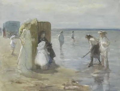 Gezicht Langs De Vloedlijn Aan Het Scheveningse Strand Met Twee Dames En Kinderen 2