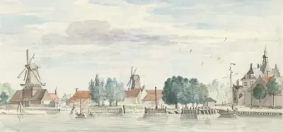 Gezicht Op Dordrecht Met De Rietdijkspoort En Windmolens
