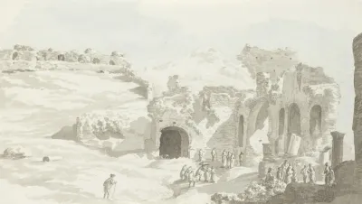 Gezicht Op Een Gedeelte Van Het Toneel En De Muur Daarachter Van Het Theater Van Taormine