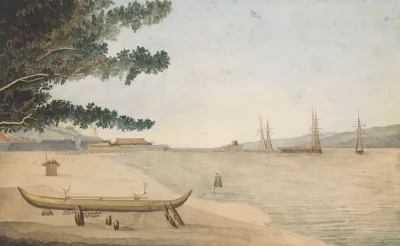 Gezicht Op Een Nederlandse Nederzetting Met Fort En Haven In Indonesie