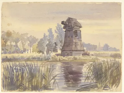 Gezicht Op Een Ontakelde Oude Molen Met Op De Achtergrond De Kerktoren Van Beets