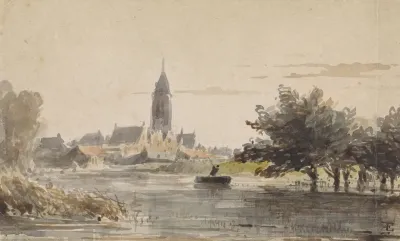 Gezicht Op Een Stadje Gezien Van Over Een Rivier