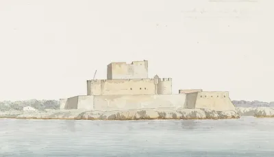 Gezicht Op Kasteel Van San Mauro La Bruca Vanaf Zee Bij Aankomst